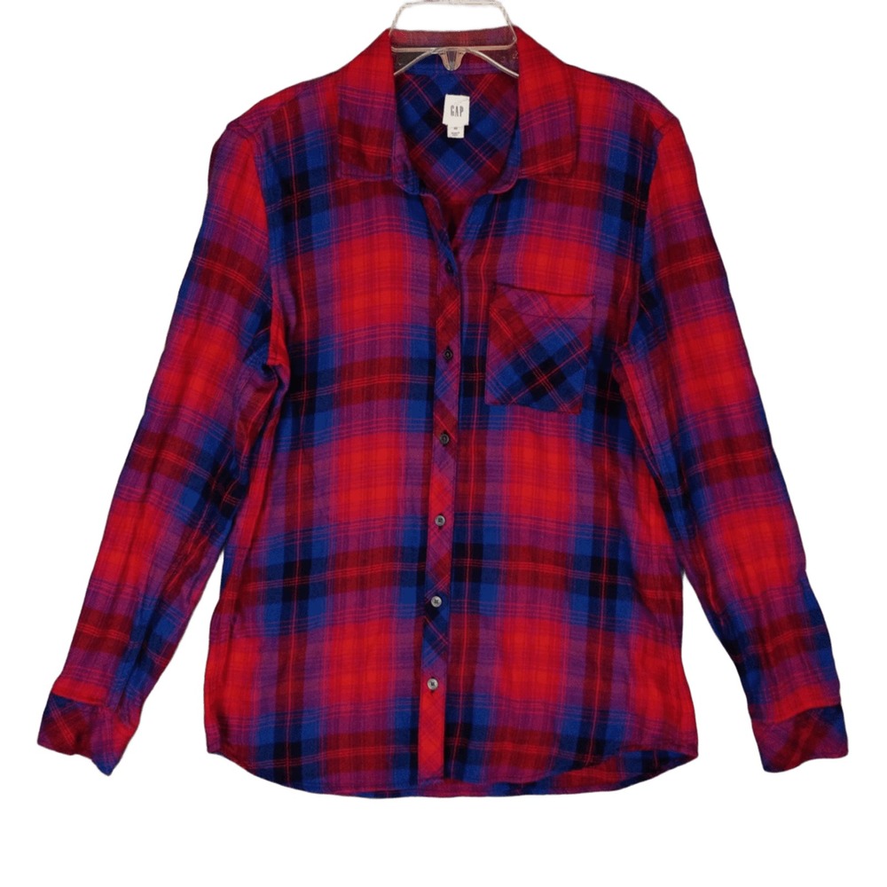 GAP Womens XS Long Sleeve Button Up Flannel Plaid Shirt Red Blue Black Casual
